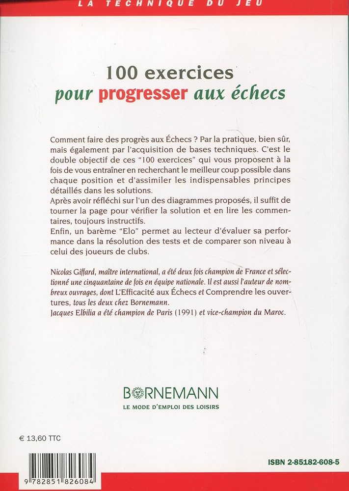 Livre - 100 exercices pour progresser aux échecs (Tome 1) - Nicolas Giffard, Jacques Elbilia – Image 2